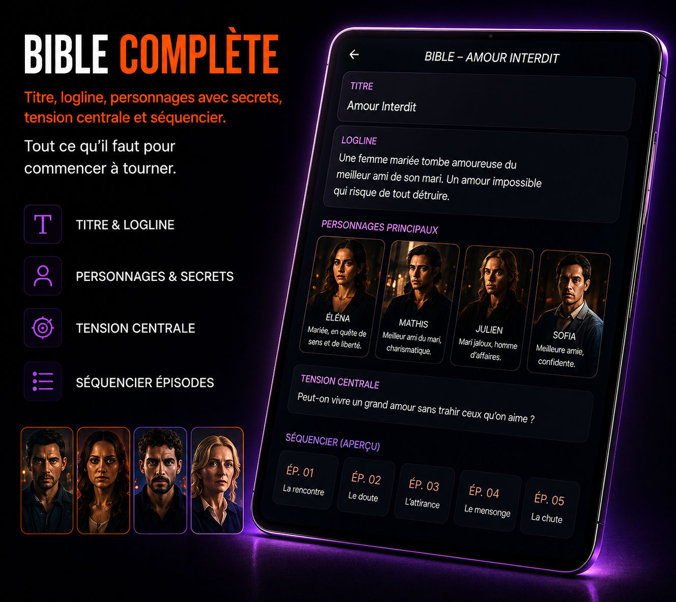 Bible complète — titre, logline, personnages, séquencier