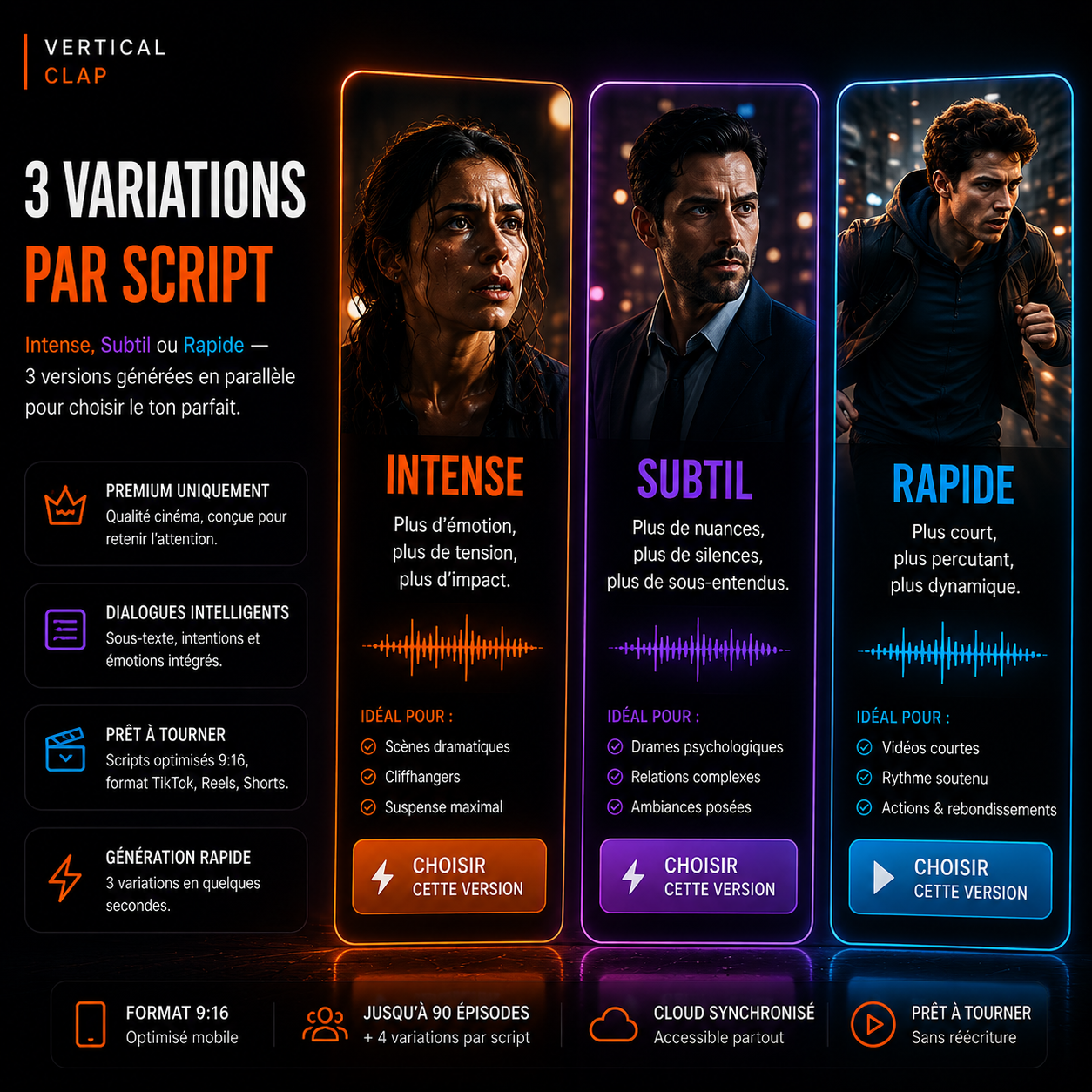 3 variations par script — Intense, Subtil, Rapide